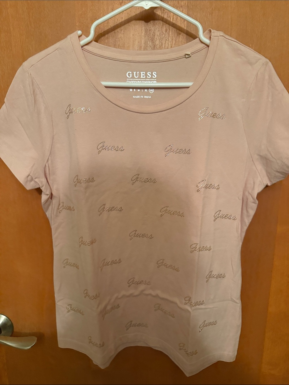 GUESS Blush Pink Short Sleeve Tee with Script Logo Embellishments